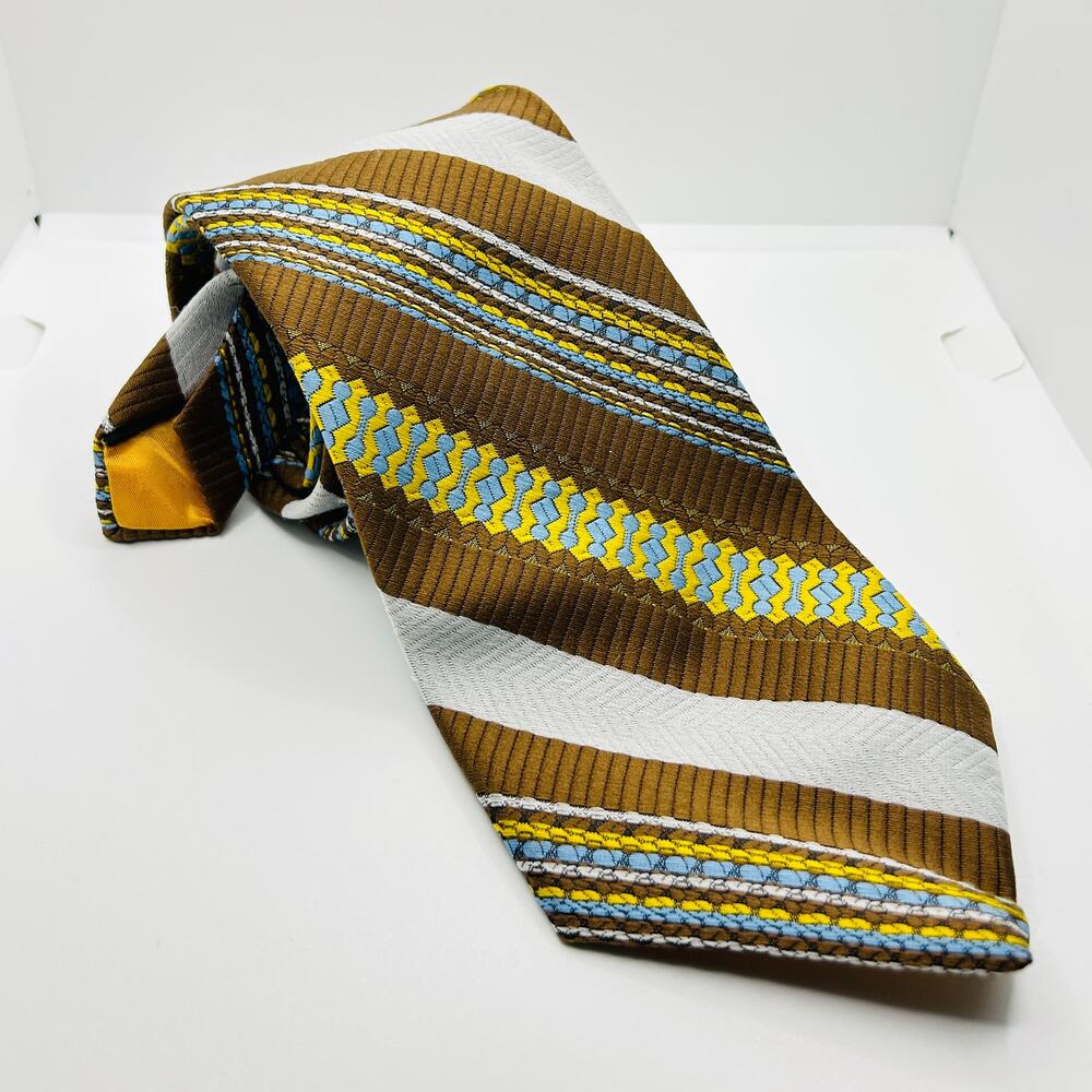 60s/70s Petro Cardin Super Wide Woven Brown Yellow Blue Striped Necktie